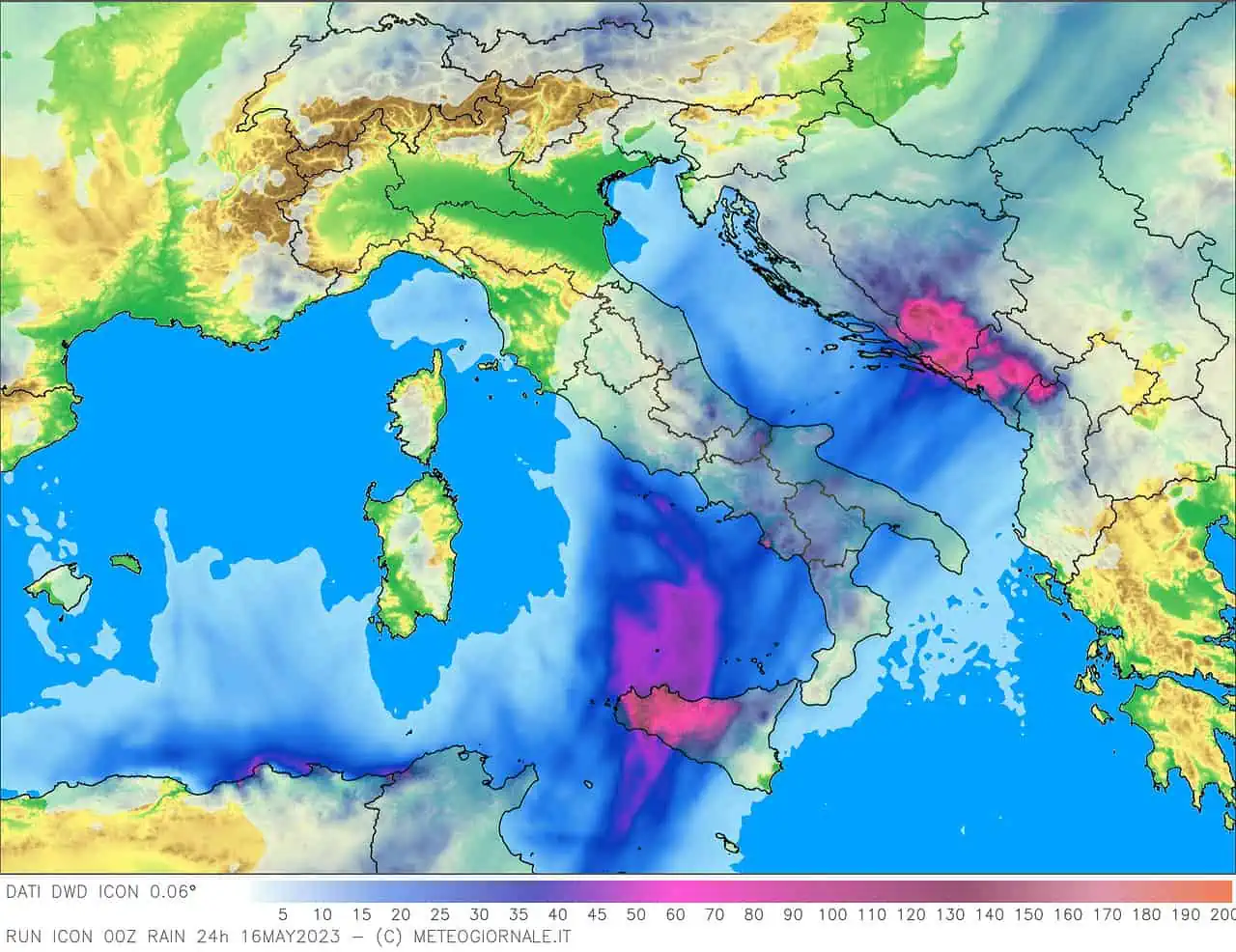 Piogge previste oggi in Italia. Dati del modello matematico tedesco ICON.
